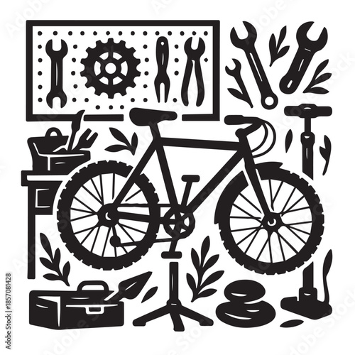 Hand Drawn Bicycle Workshop Tools Still Life Illustration