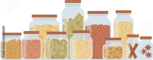 Glass jars with lids containing a variety of dry foods for storage.