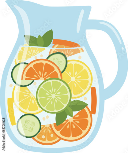 Glass pitcher of refreshing citrus and cucumber infused water.
