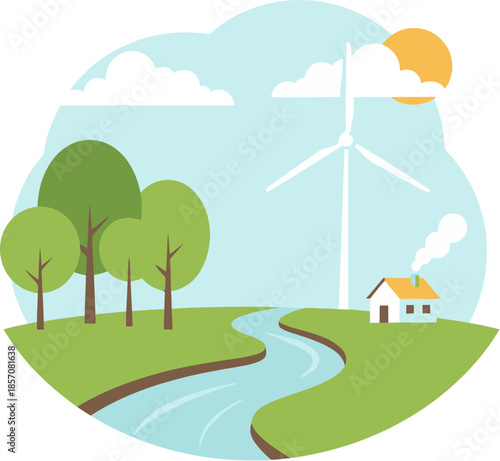 Green Energy Concept with Wind Turbine in a Natural Landscape.