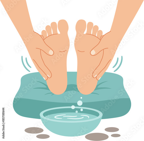 Hands giving a relaxing and therapeutic foot massage illustration.