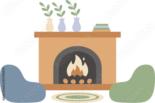 Cozy home interior scene with a burning fireplace and chairs.