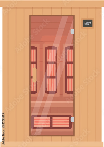 Modern wooden infrared sauna cabin with a glass door.