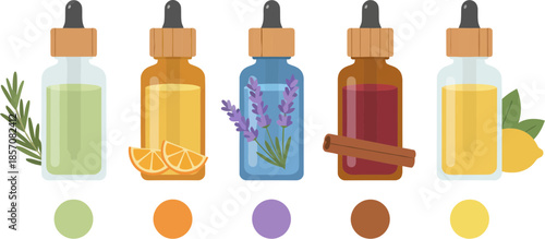 A set of various essential oil bottles with rosemary orange lavender cinnamon and lemon.