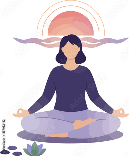 Illustration of a woman practicing mindfulness meditation in lotus pose.