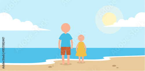 Elderly man and young girl standing together on the seashore looking at the ocean.