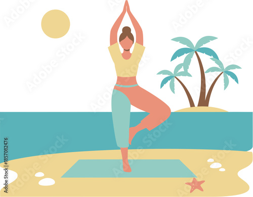 Flat vector illustration of a woman in a yoga tree pose.