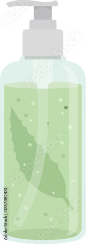 Pump bottle of green liquid soap with leaves inside vector illustration.