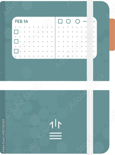 A stylish teal planner notebook with a white elastic strap and organizational sticker.