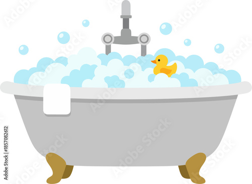 Vintage clawfoot bathtub full of soapy water bubbles and a yellow rubber duck toy.