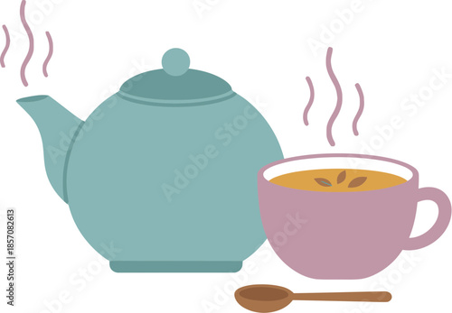 A cozy tea time setting with a steaming cup and teapot.