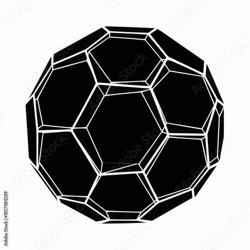 Black and white geometric fullerene molecule structure.