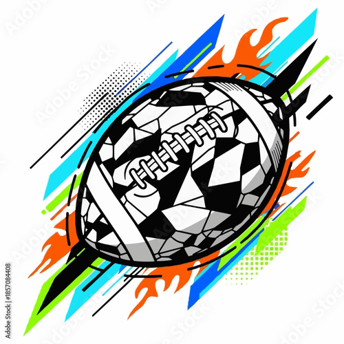 American football with abstract design and geometric patterns in motion.