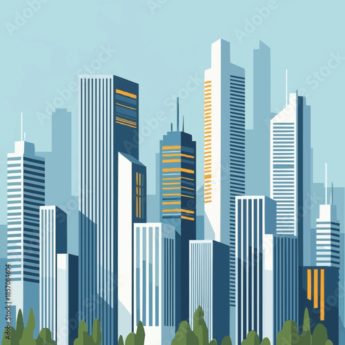 Cityscape with Modern Skyscrapers and Green Trees.