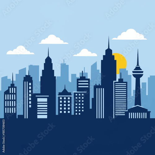 Modern Cityscape Silhouette with Skyscrapers and Tower at Sunset.