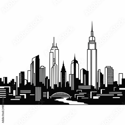 Modern City Skyline Silhouette with Bridge and River.