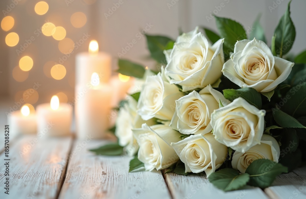 Obraz premium White roses bouquet with burning candles create somber mood for remembrance and peace. Soft lights and floral arrangement set a solemn tone for sympathy and grief.
