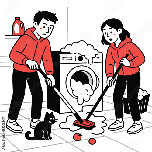 Couple Cleaning Laundry Room With Cat Illustration