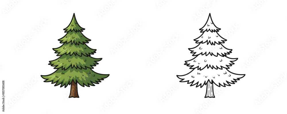 Fototapeta premium Green and black and white spruce tree illustrations in cartoon style with green and brown colors representing forest nature and christmas elements isolated on white background