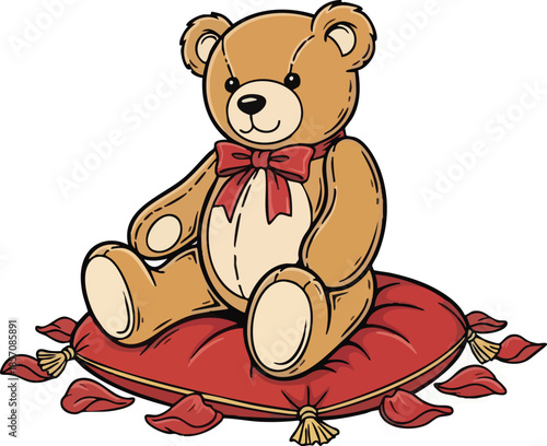 Cute Cartoon Teddy Bear Sitting on Cushion.