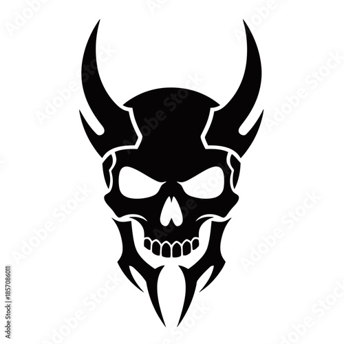 A black tribal demon skull with sharp horns and glowing eyes.