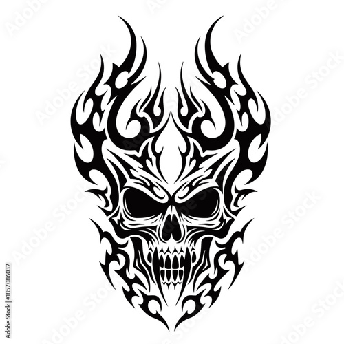 A striking black and white tribal skull design with flame-like elements emanating from the top and sides, creating a fierce and edgy aesthetic.