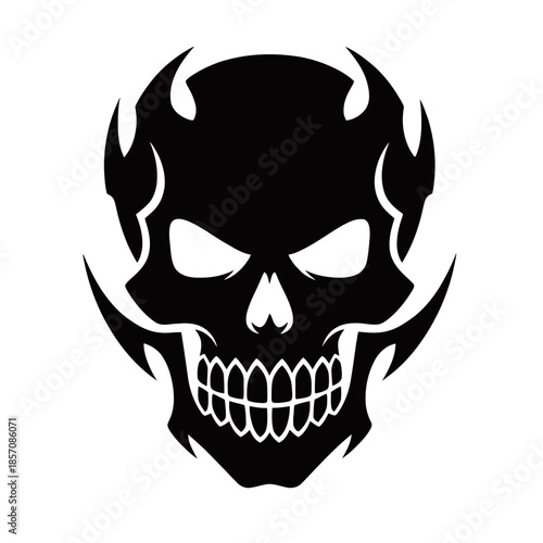 Black and white tribal skull illustration with sharp teeth and fiery elements, symbolizing danger and power.