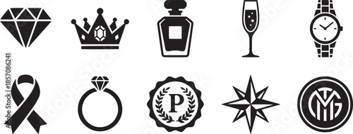 Set of black diamond crown perfume glass ribbon ring star vector illustration