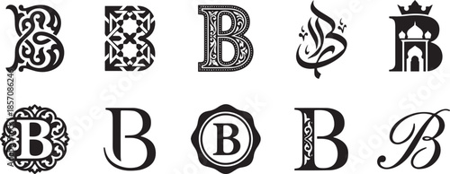 Set of black ornate monogram letter b vector illustration on transparent backdrop