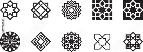 Set of geometric islamic patterns in black color vector designs for decoration