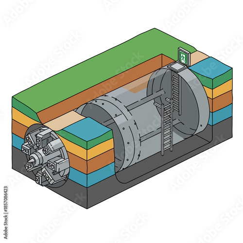 Isometric cross-section illustration of a tunnel boring machine constructing an underground passage through various geological layers.