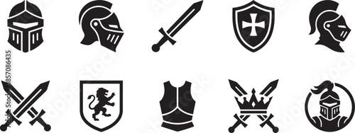 Set of ten various medieval silhouette knight icons for logo and emblem designs
