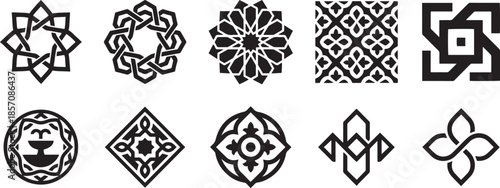 Set of ten various islamic pattern arabesque silhouette logos symbols and icons