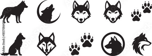 Set of wolf silhouette vector designs with howling wolf and paw prints concept