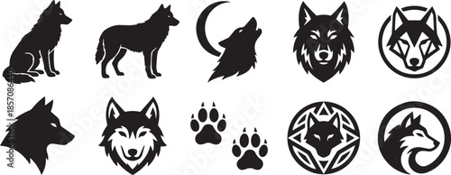Collection of wolf silhouette vectors with howling wolf and paw prints design