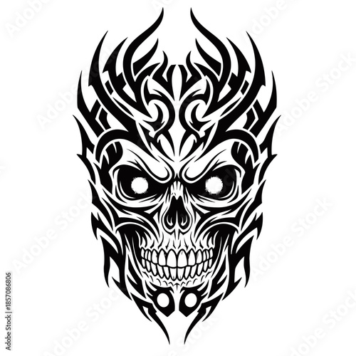 Intricate black and white tribal skull design with sharp, stylized flames and menacing eyes, a powerful graphic illustration.