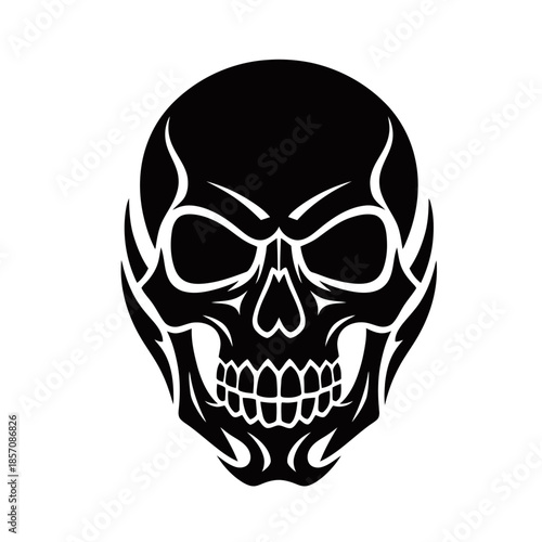 A striking black tribal skull design with sharp, stylized features and a menacing expression, isolated on a white background.