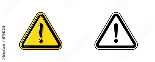 IllustrationYellow and black and white warning triangle icons with exclamation mark in cartoon style used for safety alerts and attention notices isolated on white backgrounds