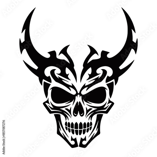 Stylized black and white skull with large tribal horns and intricate patterns, depicting a fierce and demonic aesthetic.