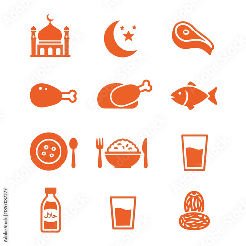 Ramadan and Halal Food Icons Set for Islamic Culture and Tradition. Perfect for Halal Food Design or Ramadan Design.