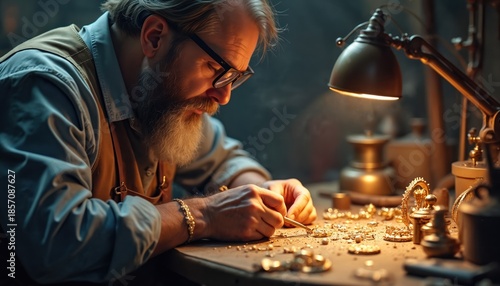 Bearded jeweler with glasses uses precision tool. Goldsmith creates intricate gold jewelry on workbench with lamp light. Expert craftsman works on detailed metal accessory.