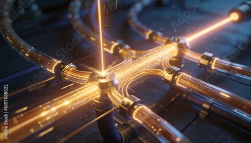 Futuristic industrial fiber optic network with glowing golden light pulses traveling through transparent glass tubes and metallic connectors for high speed data transmission