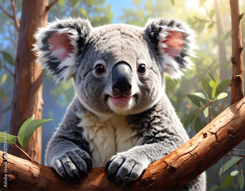 Fototapeta premium A fluffy gray koala sits on a tree branch in a leafy forest with a blue sky peeking through the leaves