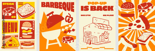 Playful barbecue poster design set featuring bold illustrations, retro food visuals, outdoor grill themes, and fun graphic compositions.