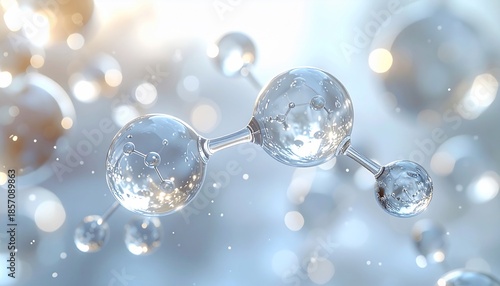 Molecular structure with clear spheres connected by rods, science concept with bokeh