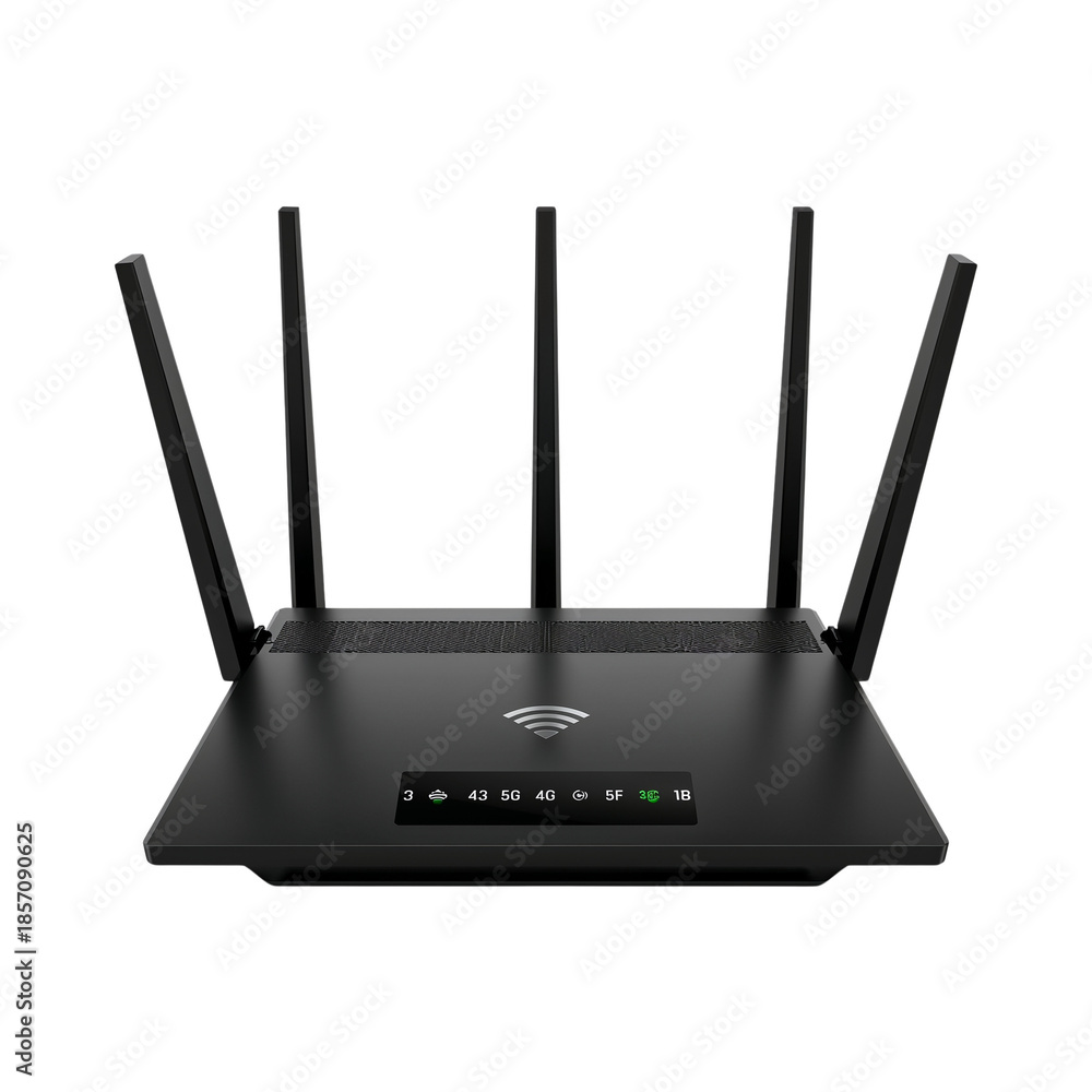 Fototapeta premium Modern black Wi-Fi router with multiple antennas and LED indicator lights, isolated on white.