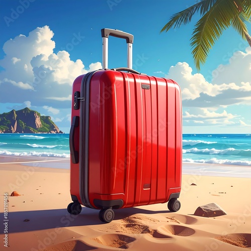 A red suitcase sits on a sunny beach by the ocean, next to a rock, with fluffy clouds and an island in the background