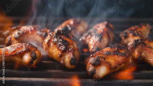 Grilled BBQ Chicken Wings on Hot Grill with Flames and Smoke
