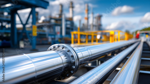 Pipelines with pipes in industrial area, manufacturing infrastructure, petrochemical facility, industrial zone, defocused background, with copy space