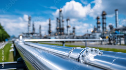 Pipelines with pipes in industrial area, manufacturing infrastructure, petrochemical facility, industrial zone, defocused background, with copy space